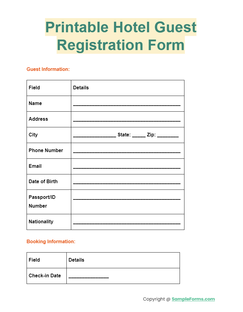 printable hotel guest registration form