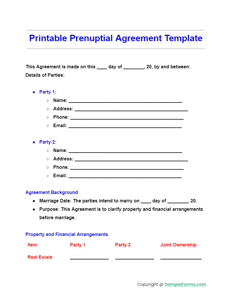 printable prenuptial agreement template
