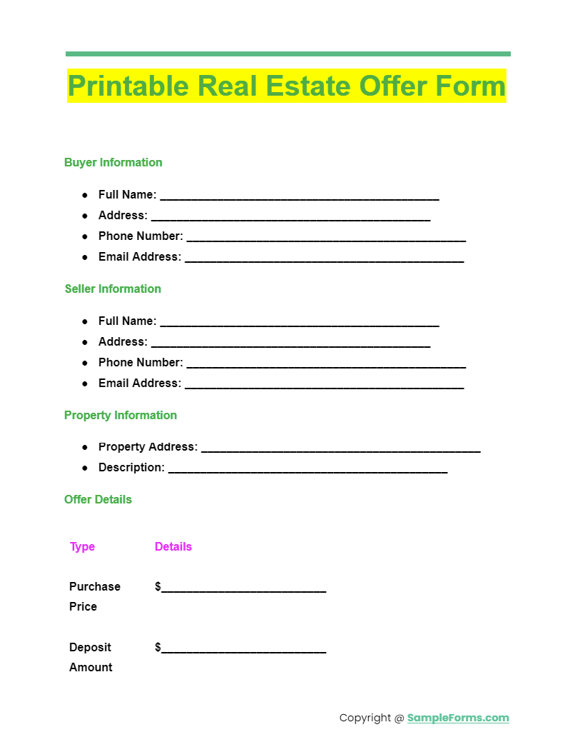 printable real estate offer form