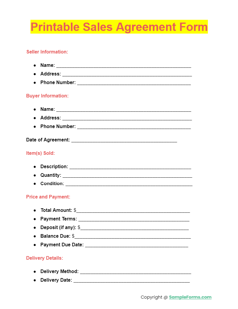 printable sales agreement form