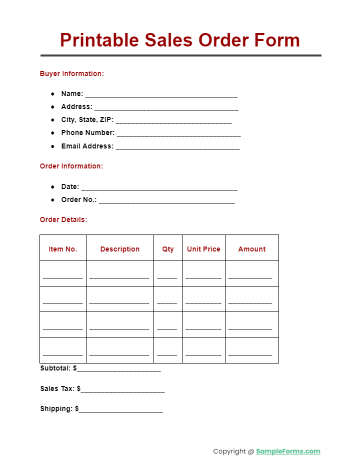 printable sales order form