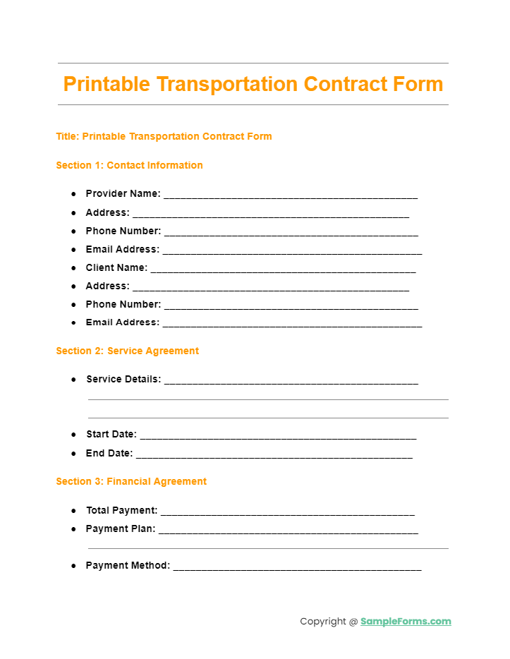 printable transportation contract form