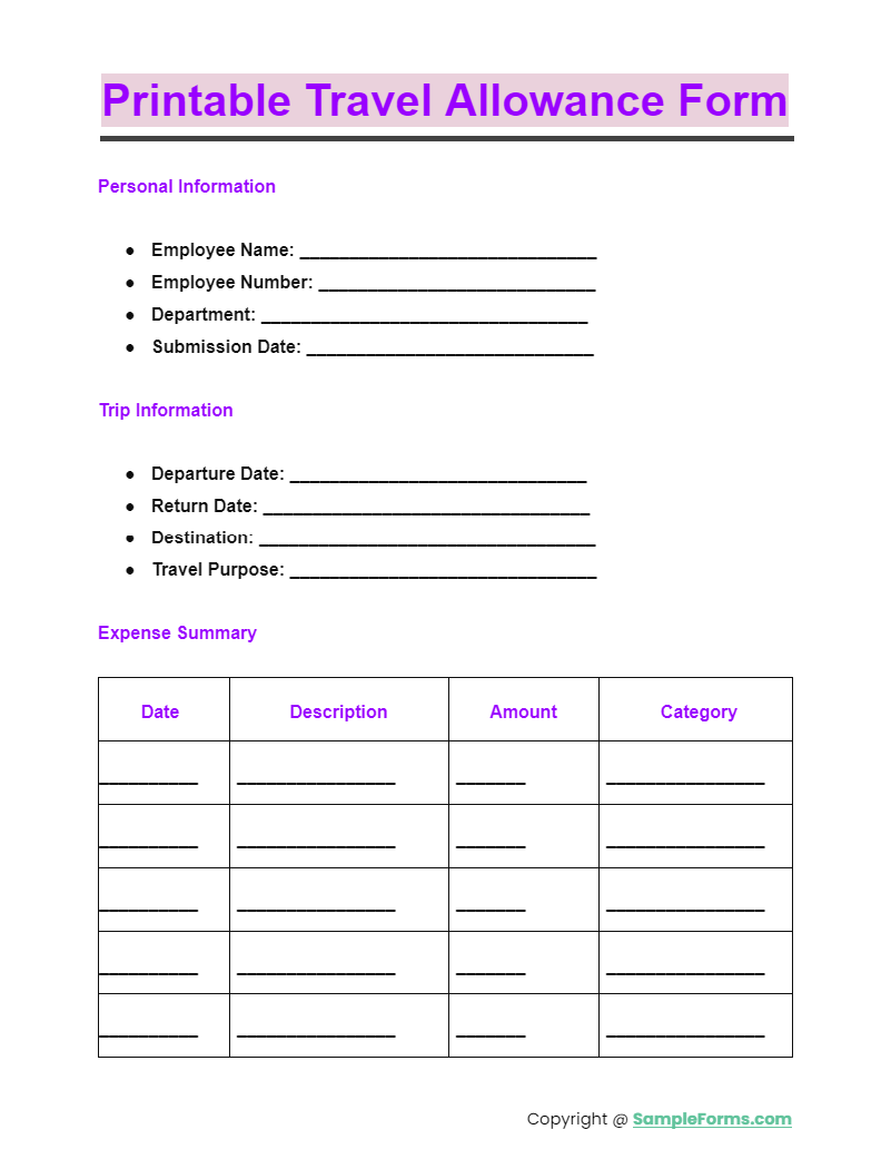 printable travel allowance form