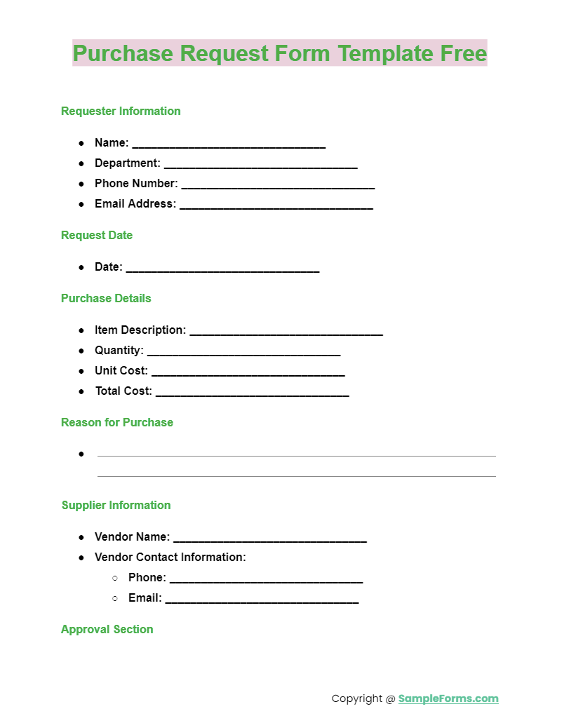 purchase request form template free