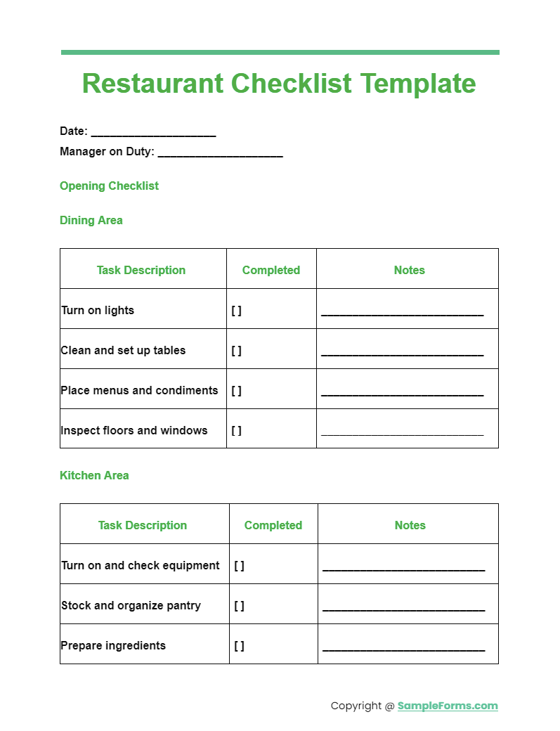 restaurant checklist template