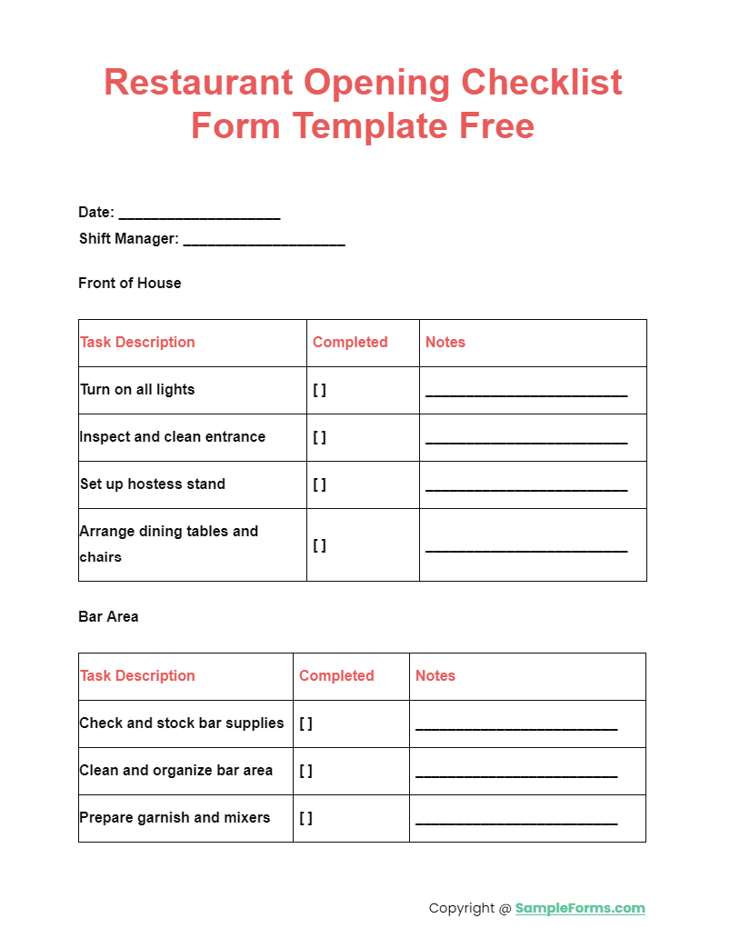 restaurant opening checklist form template free