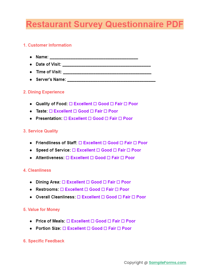 restaurant survey questionnaire pdf
