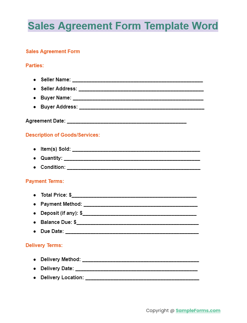 sales agreement form template word