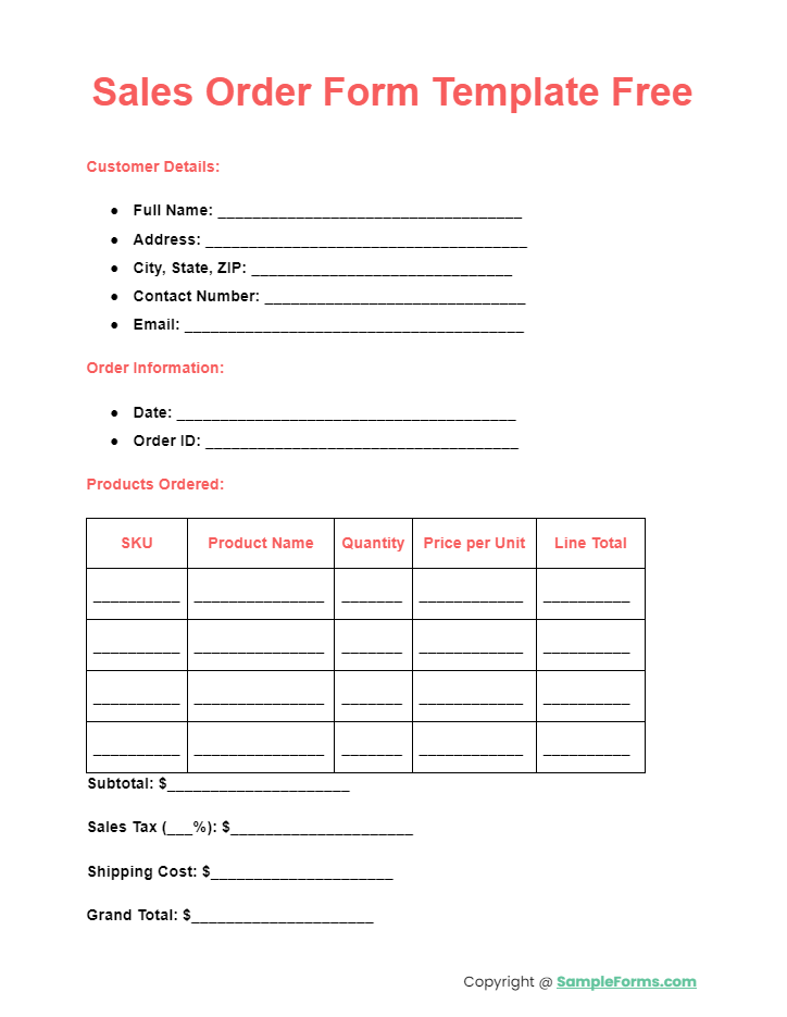 sales order form template free