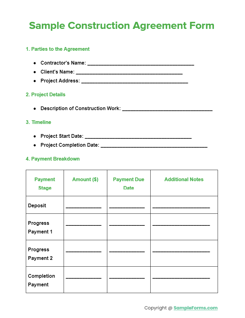 sample construction agreement form