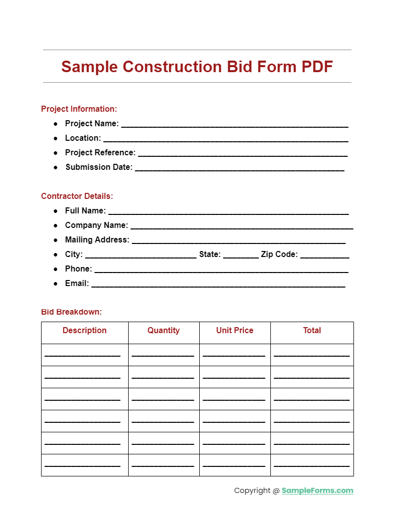 sample construction bid form pdf