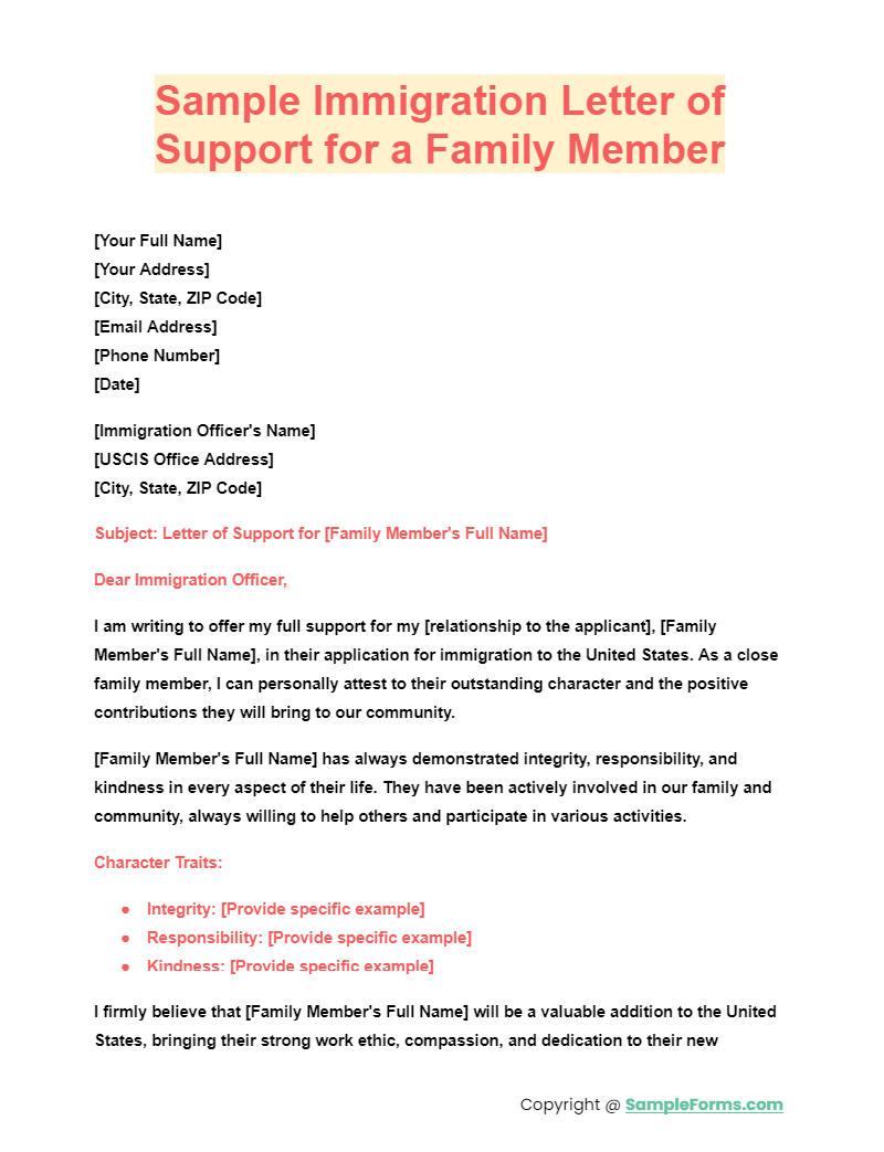 sample immigration letter of support for a family member