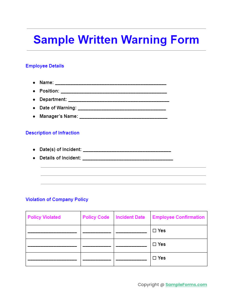 sample written warning form