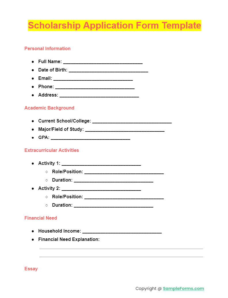 scholarship application form template