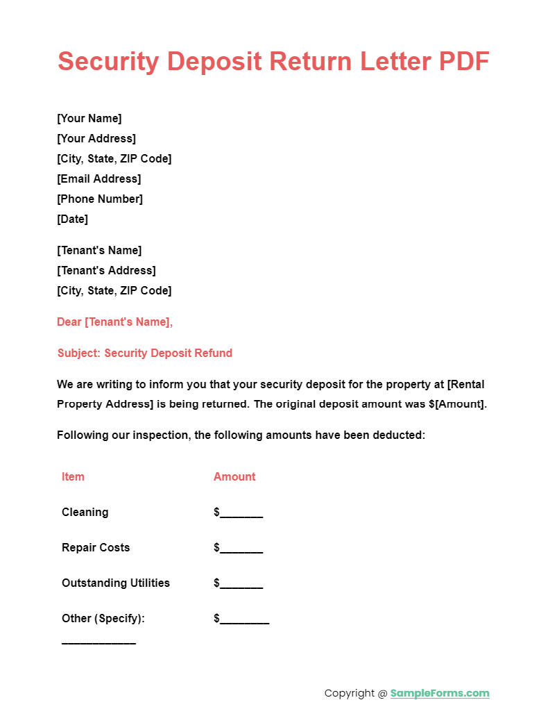security deposit return letter pdf