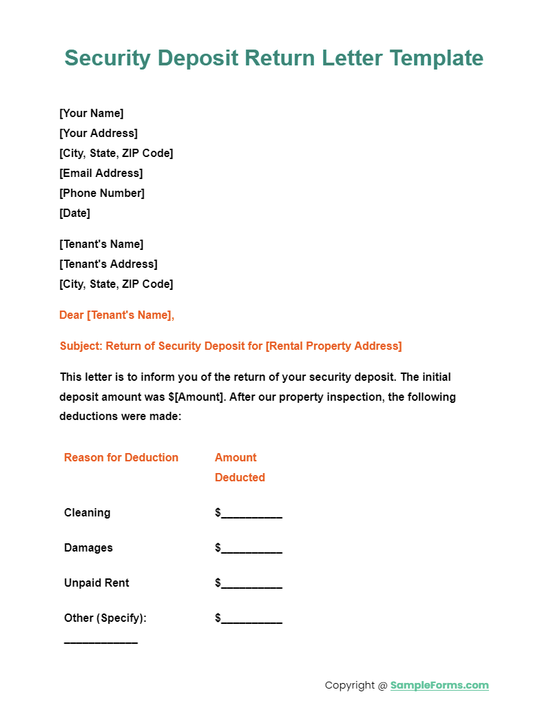 security deposit return letter template