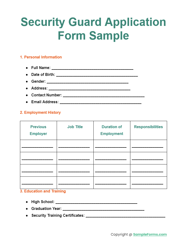 security guard application form sample