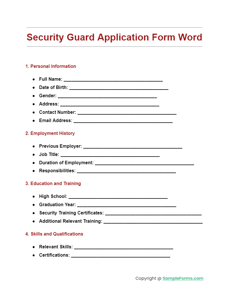 security guard application form word