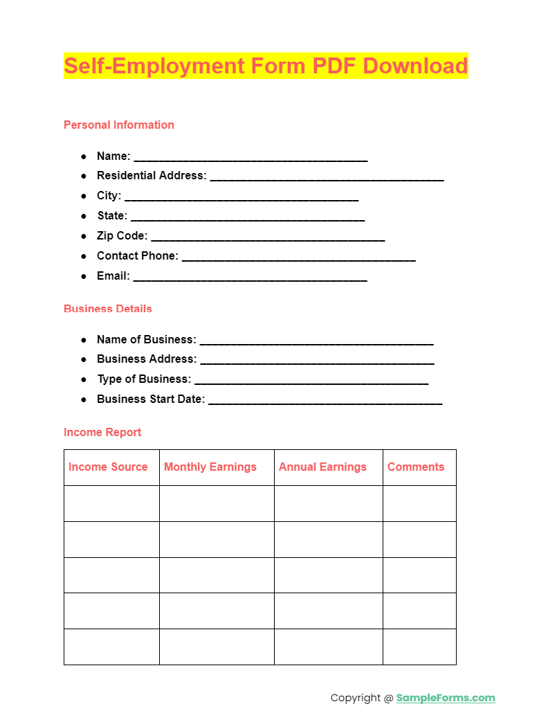 self employment form pdf download