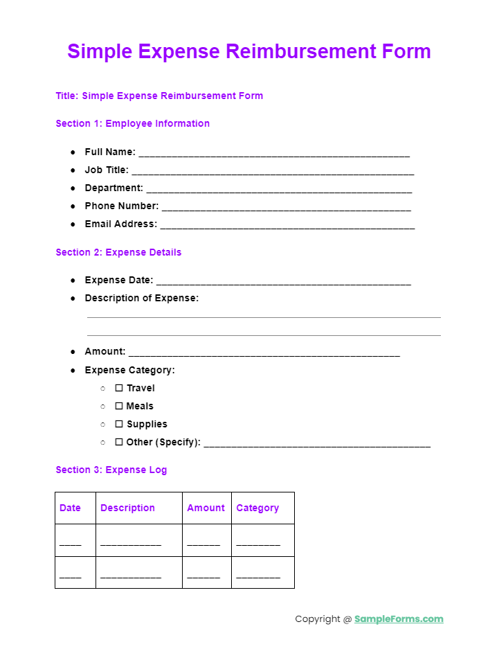 simple expense reimbursement form