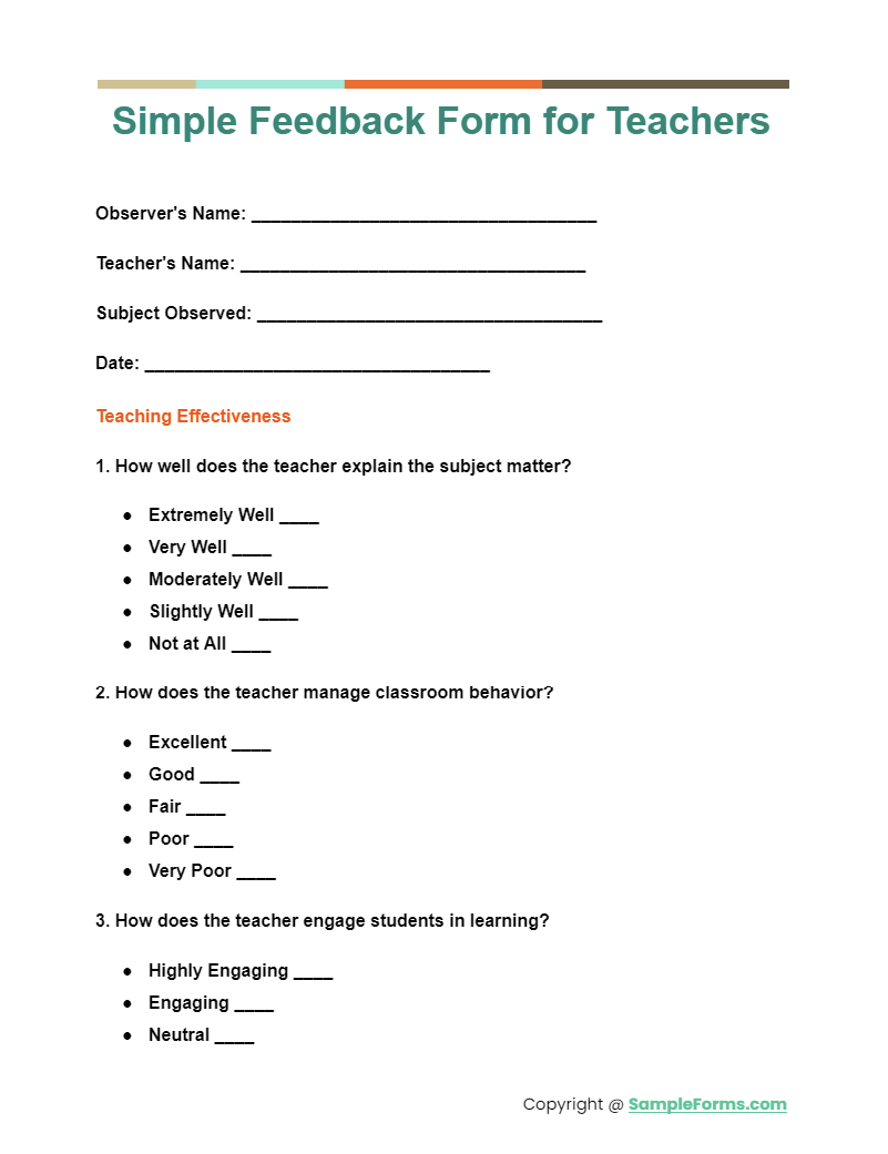 simple feedback form for teachers