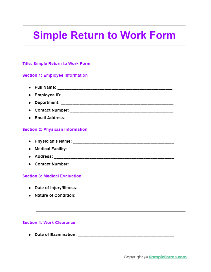 simple return to work form