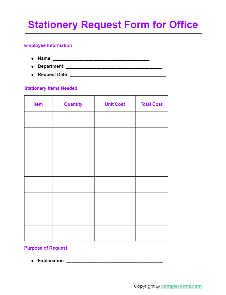 stationery request form for office