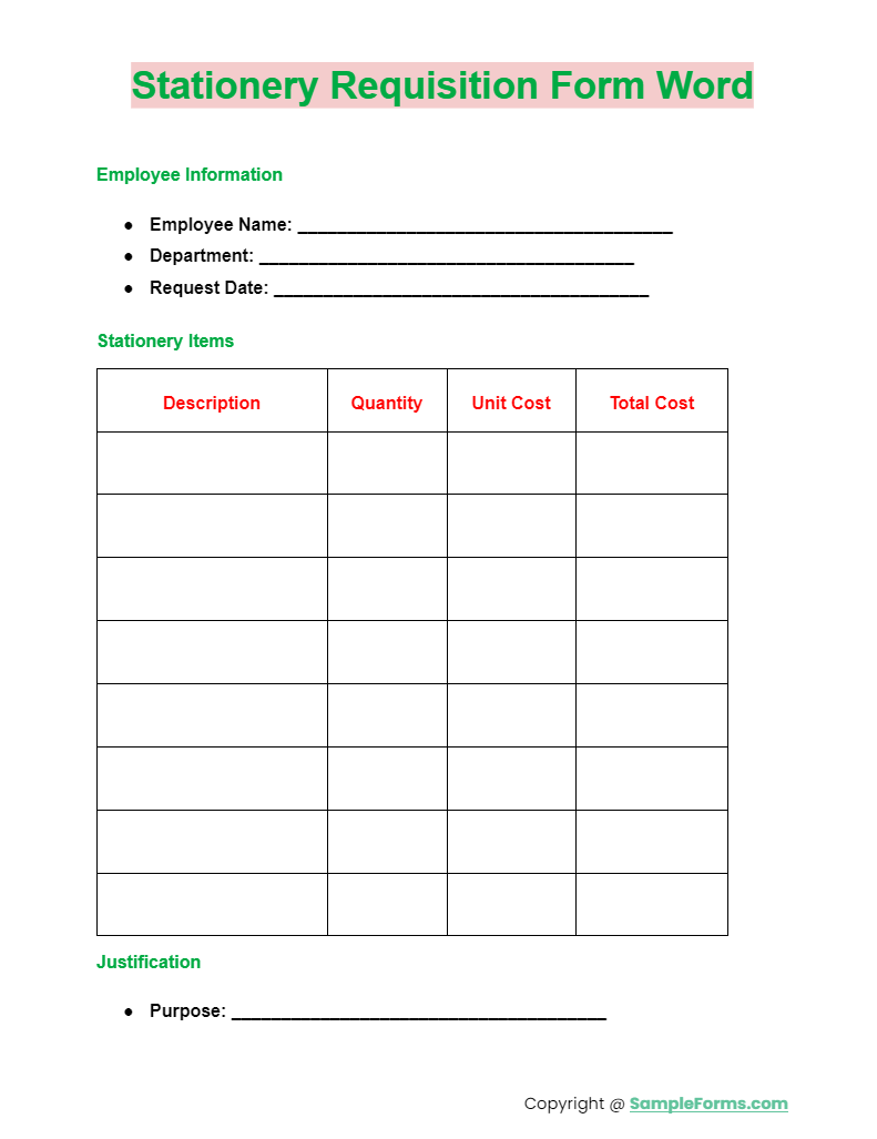 stationery requisition form word