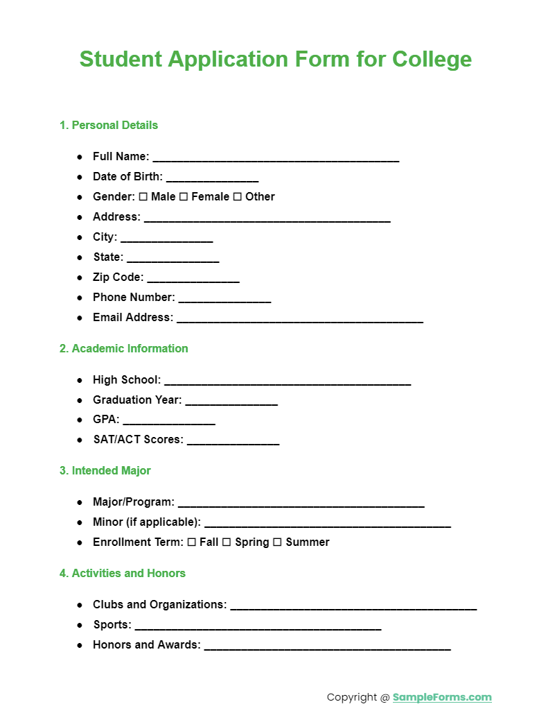 student application form for college