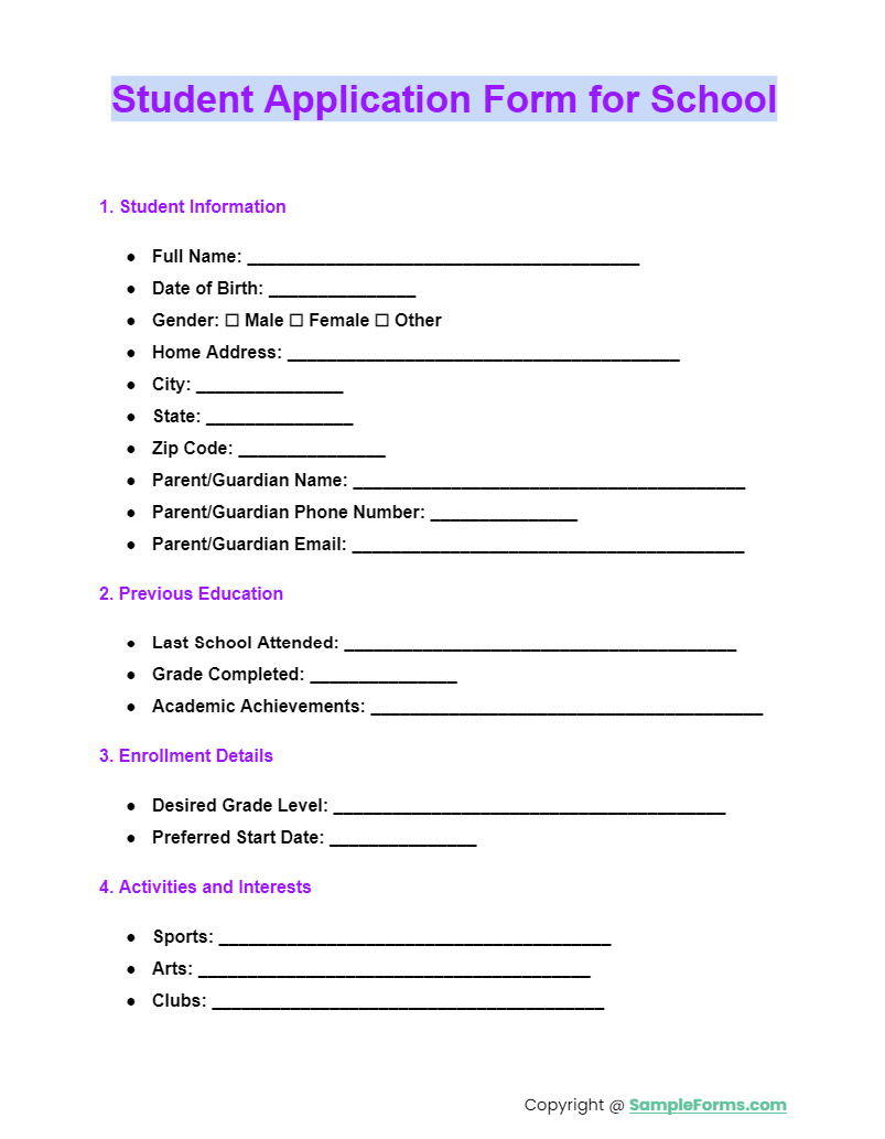 student application form for school