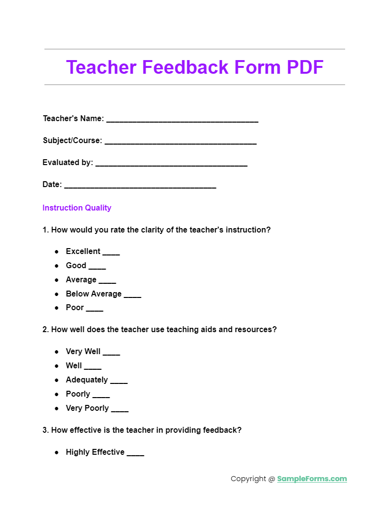 teacher feedback form pdf