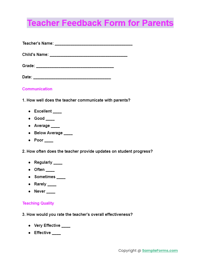 teacher feedback form for parents