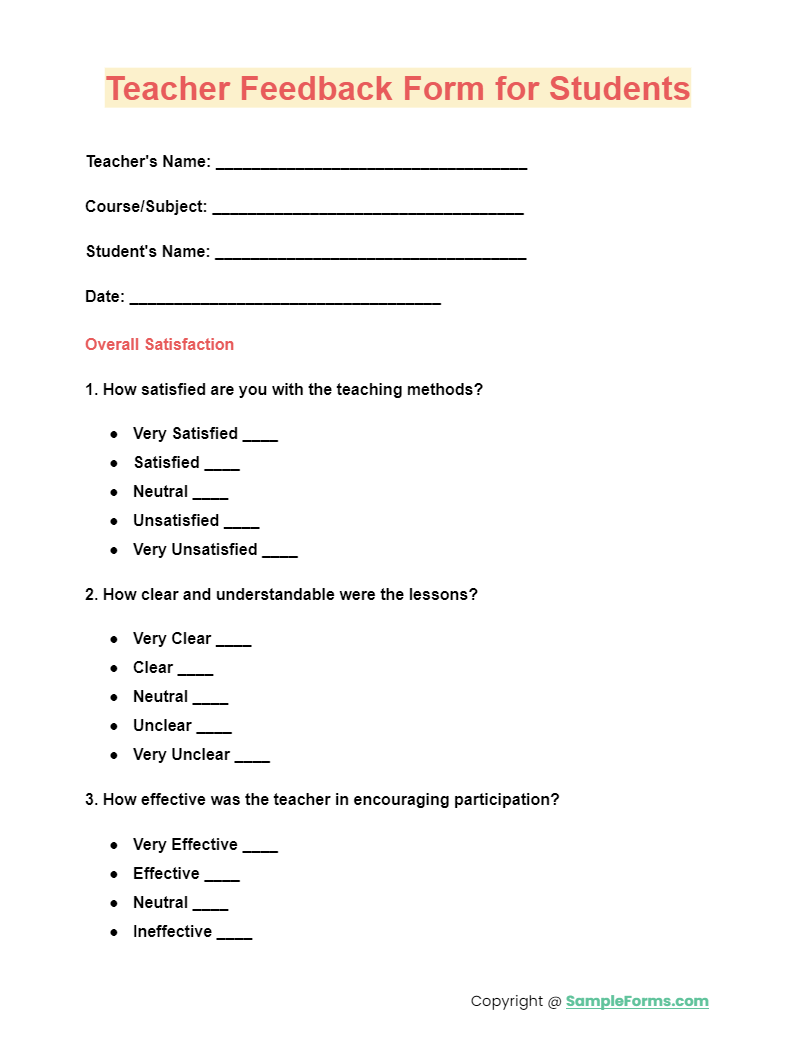 teacher feedback form for students