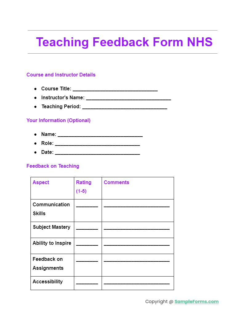teaching feedback form nhs