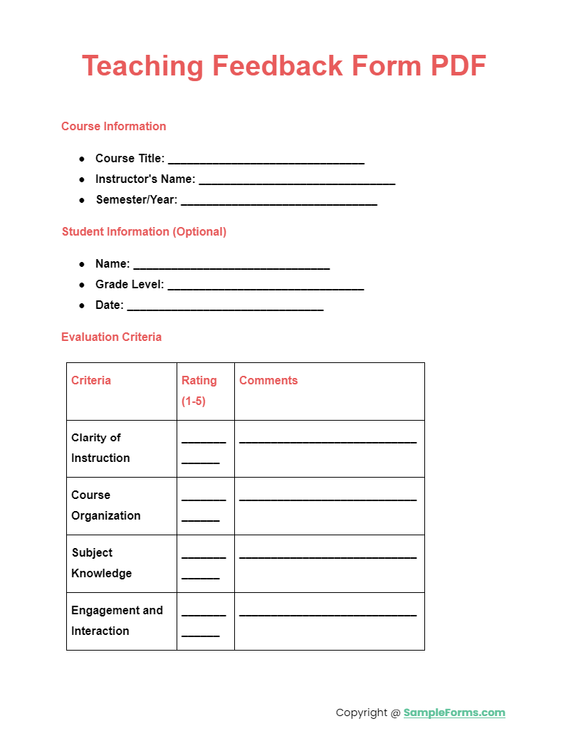 teaching feedback form pdf