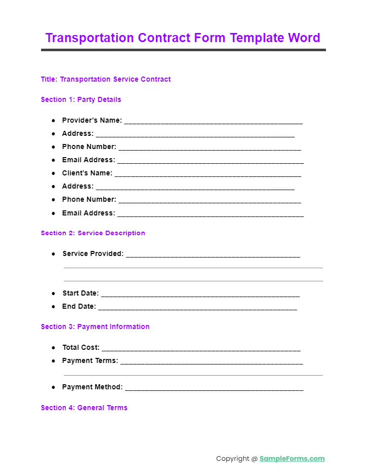 transportation contract form template word