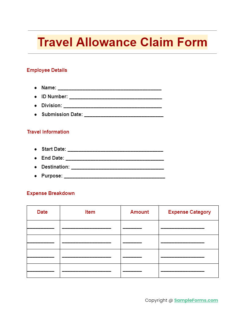 travel allowance claim form