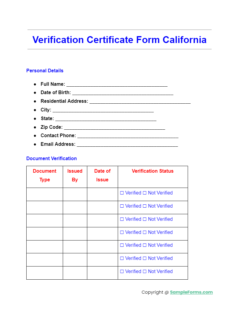 verification certificate form california