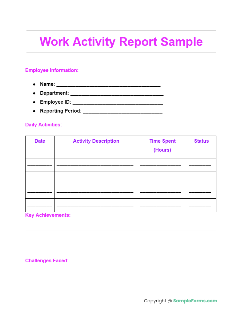 work activity report sample
