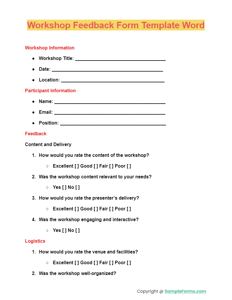 workshop feedback form template word