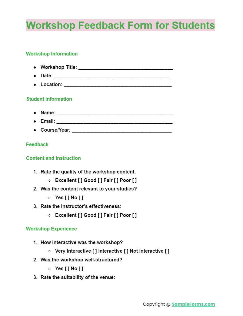 workshop feedback form for students