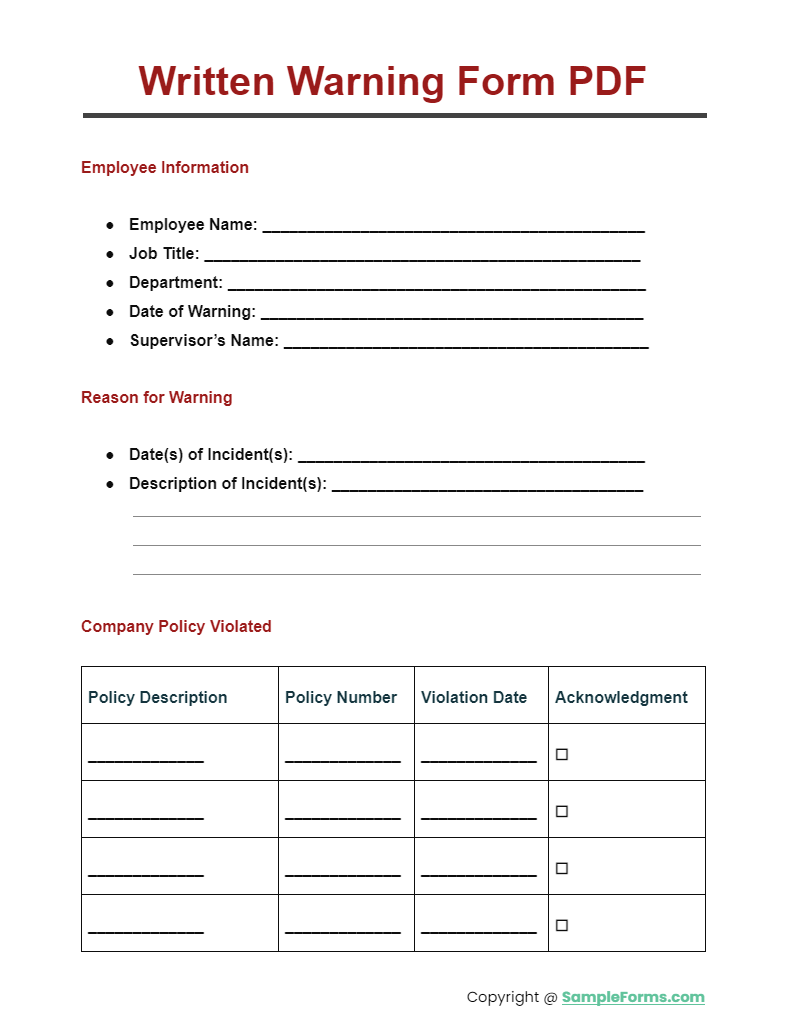 written warning form pdf
