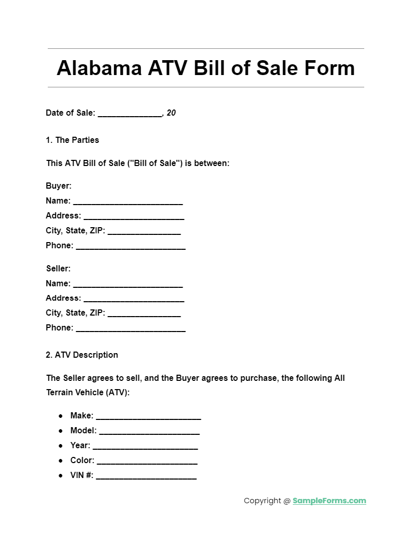 alabama atv bill of sale form