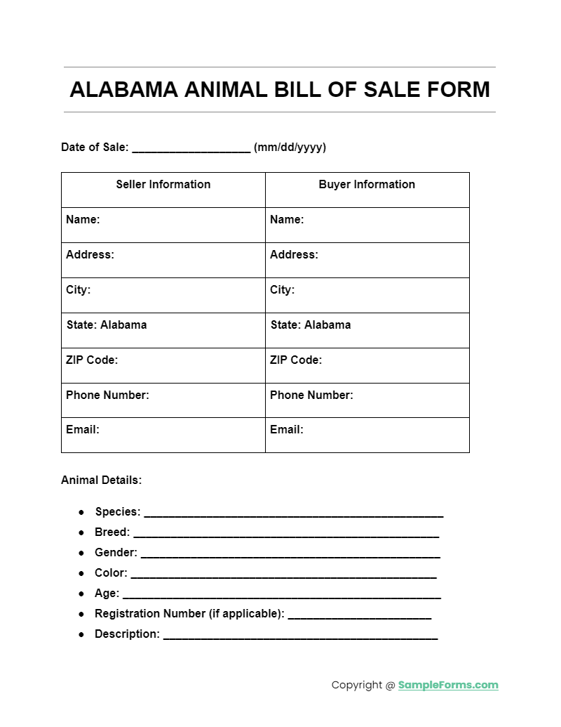 alabama animal bill of sale form