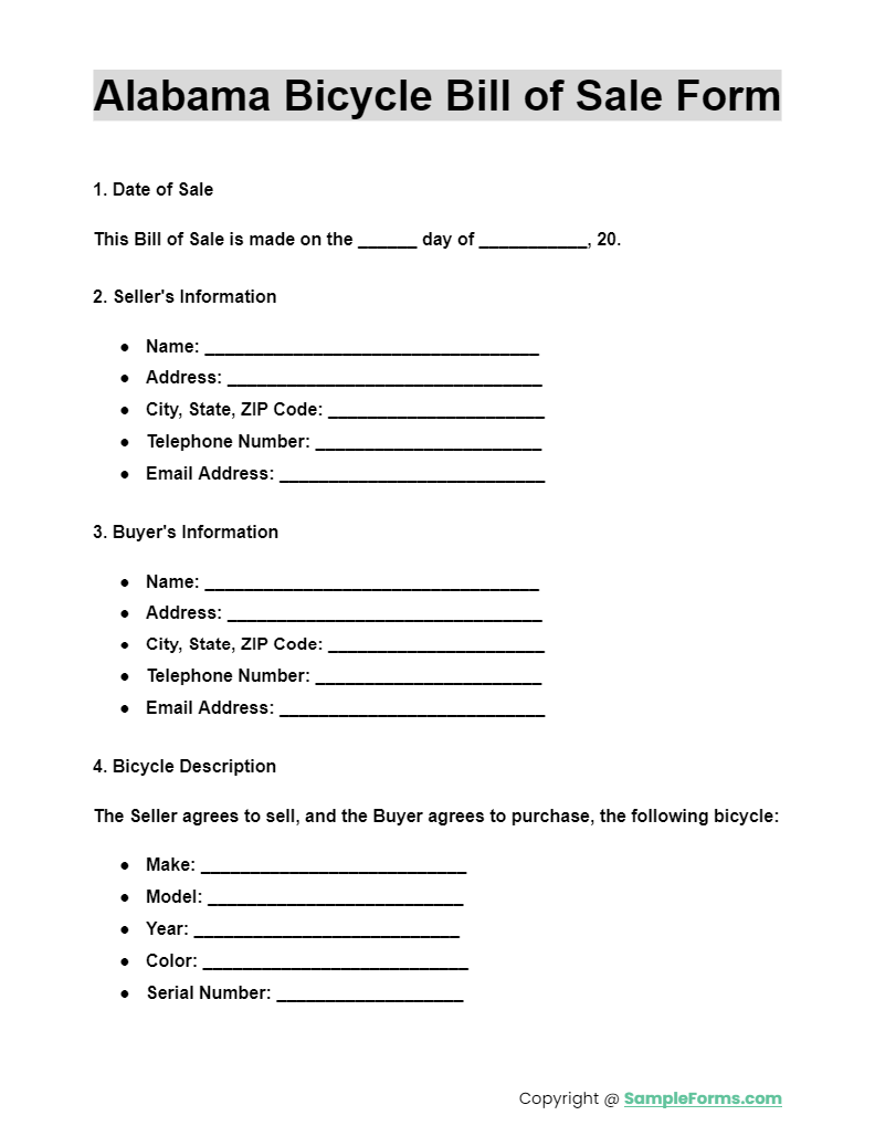 alabama bicycle bill of sale form