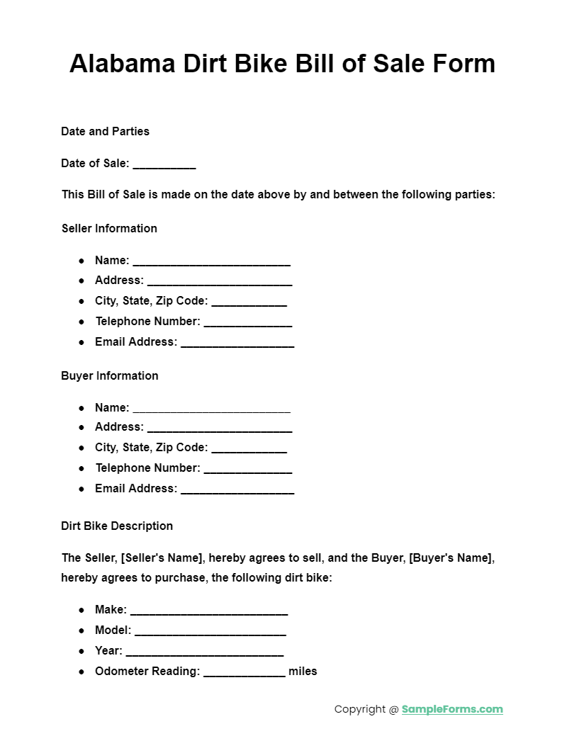 alabama dirt bike bill of sale form