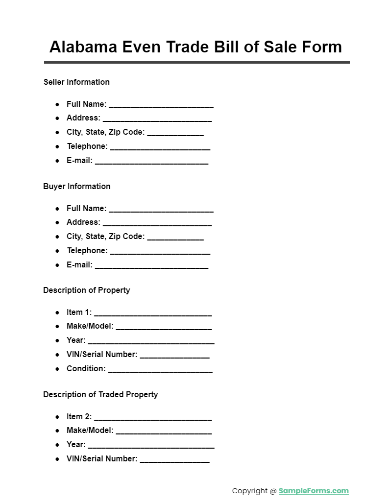 alabama even trade bill of sale form