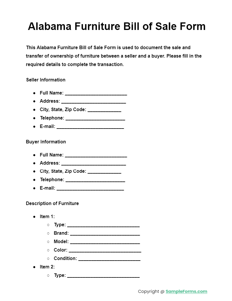 alabama furniture bill of sale form