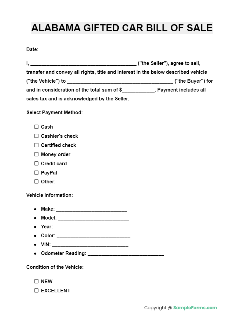 alabama gifted car bill of sale form