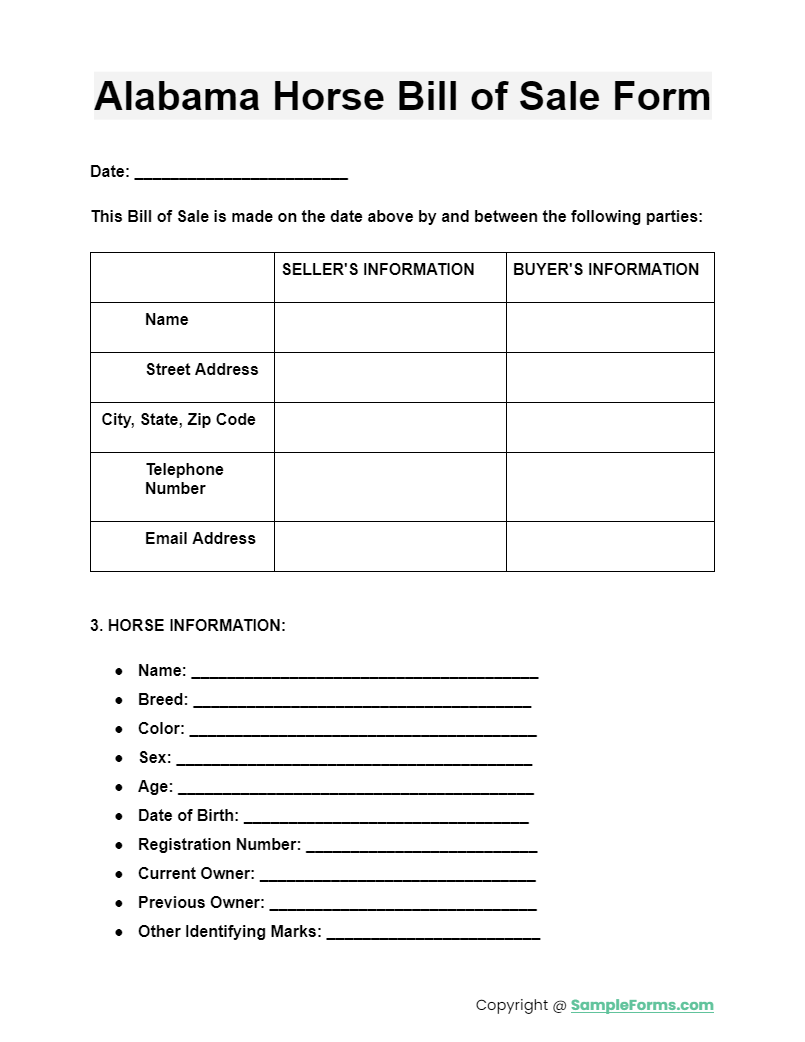 alabama horse bill of sale form